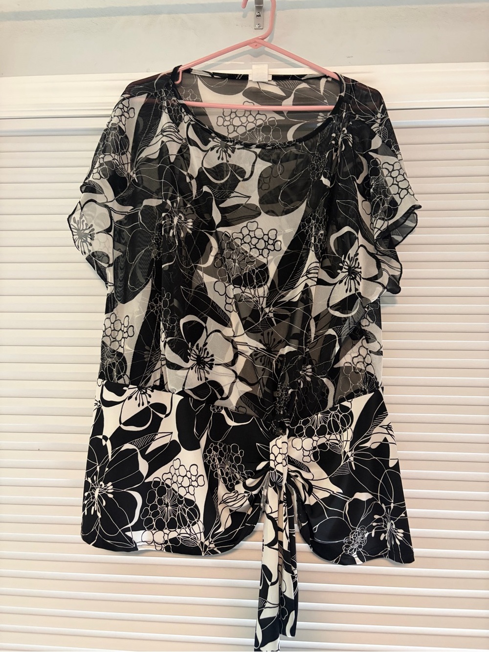 NICOLA Black & White Floral Tie-Front Tunic